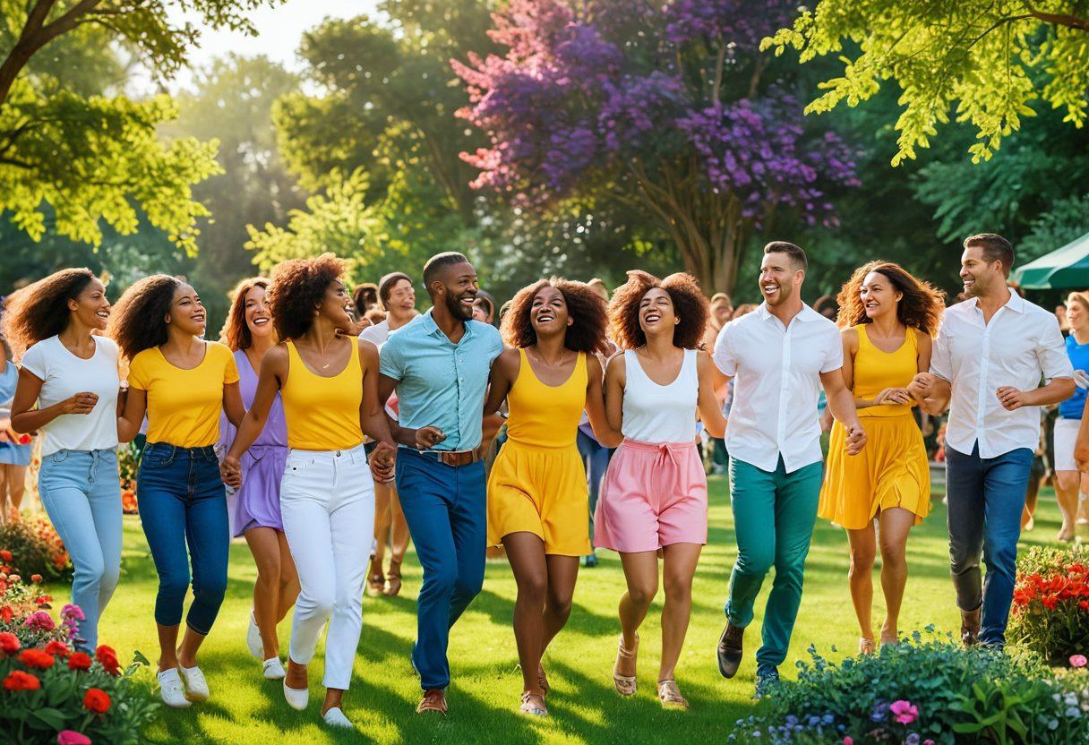 A sunlit scene depicting a diverse group of people engaging in joyful activities: laughing, dancing, and sharing moments of happiness in a vibrant park. Include colorful flowers and lush greenery to symbolize growth and positivity. Incorporate soft, warm lighting to evoke a sense of warmth and cheerfulness. super-realistic. vibrant colors. cheerful atmosphere.
