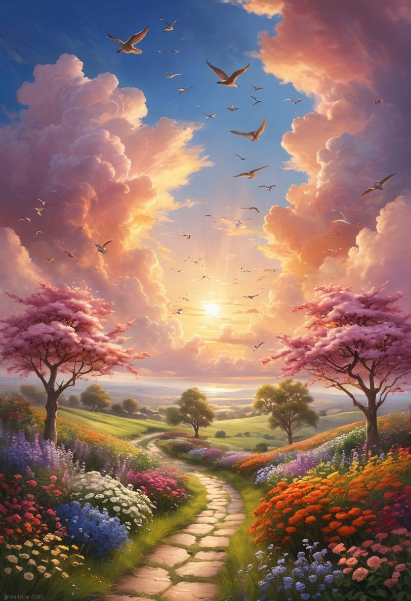 A sunlit landscape featuring a path lined with blooming flowers leading towards a serene horizon. In the foreground, diverse people of all ages are engaging in joyful activities like meditation, laughter, and exercise. The sky is painted in warm pastel colors, symbolizing hope and positivity. Soft, fluffy clouds float above, while birds take flight in the background, embodying freedom and bliss. vibrant colors. super-realistic. dreamy atmosphere.