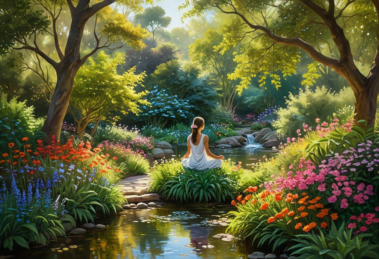 A serene landscape of a lush garden, filled with vibrant flowers and a gentle stream flowing through it. In the center, a person meditating peacefully with a radiant glow surrounding them, symbolizing inner joy and contentment. Soft sunlight filters through the trees, casting warm light across the scene. The imagery should evoke feelings of tranquility and happiness. painting. vibrant colors. soft focus.
